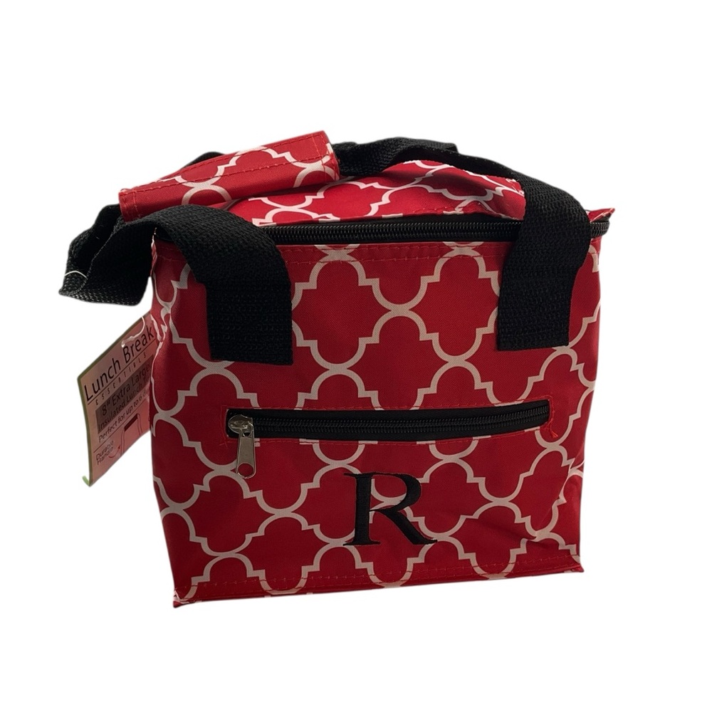 HOME ESSENTIALS Monogrammed R Lunch Box Patterned Insulated Red White NWT